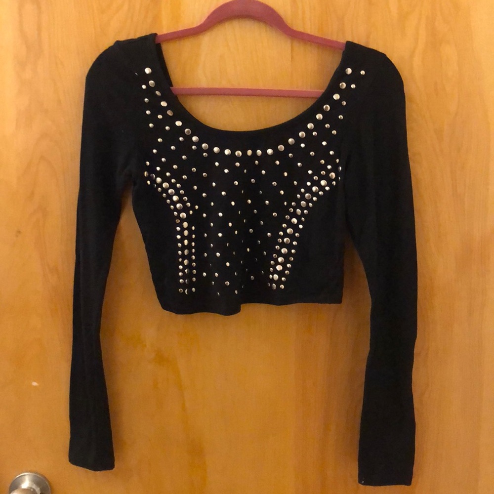 Silver studded black long sleeve crop top